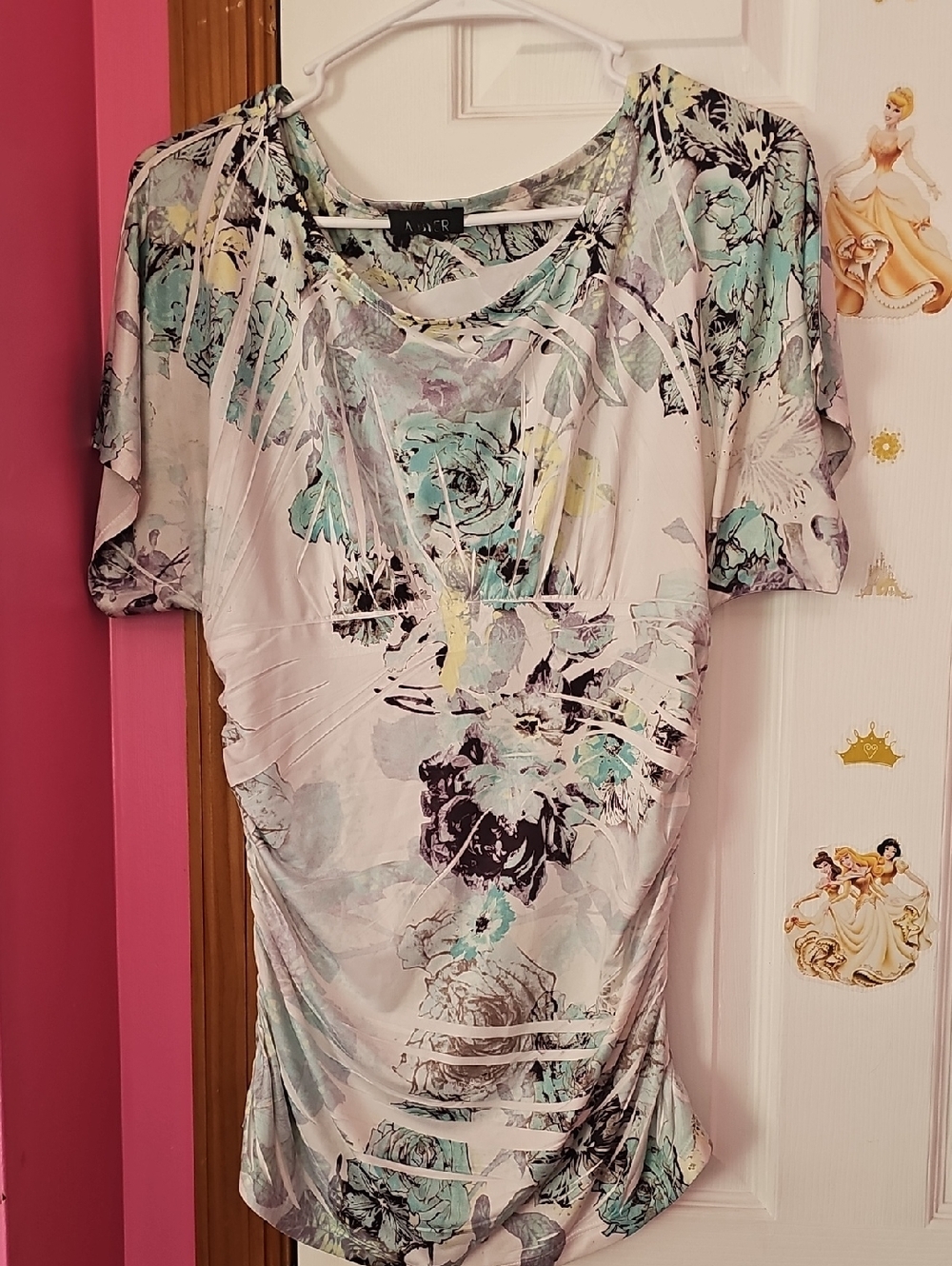 A. Byer Floral Ruched Short Sleeve Top - Mint, White & Black